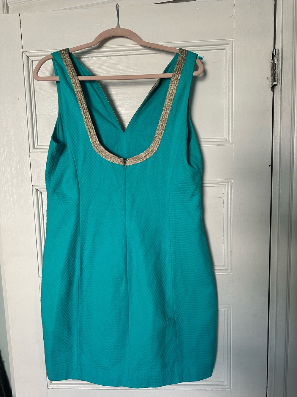 Lilly Pulitzer Janice Shift Dress Turquoise Aqua Gold Trim Size 14 - Picture 3 of 4